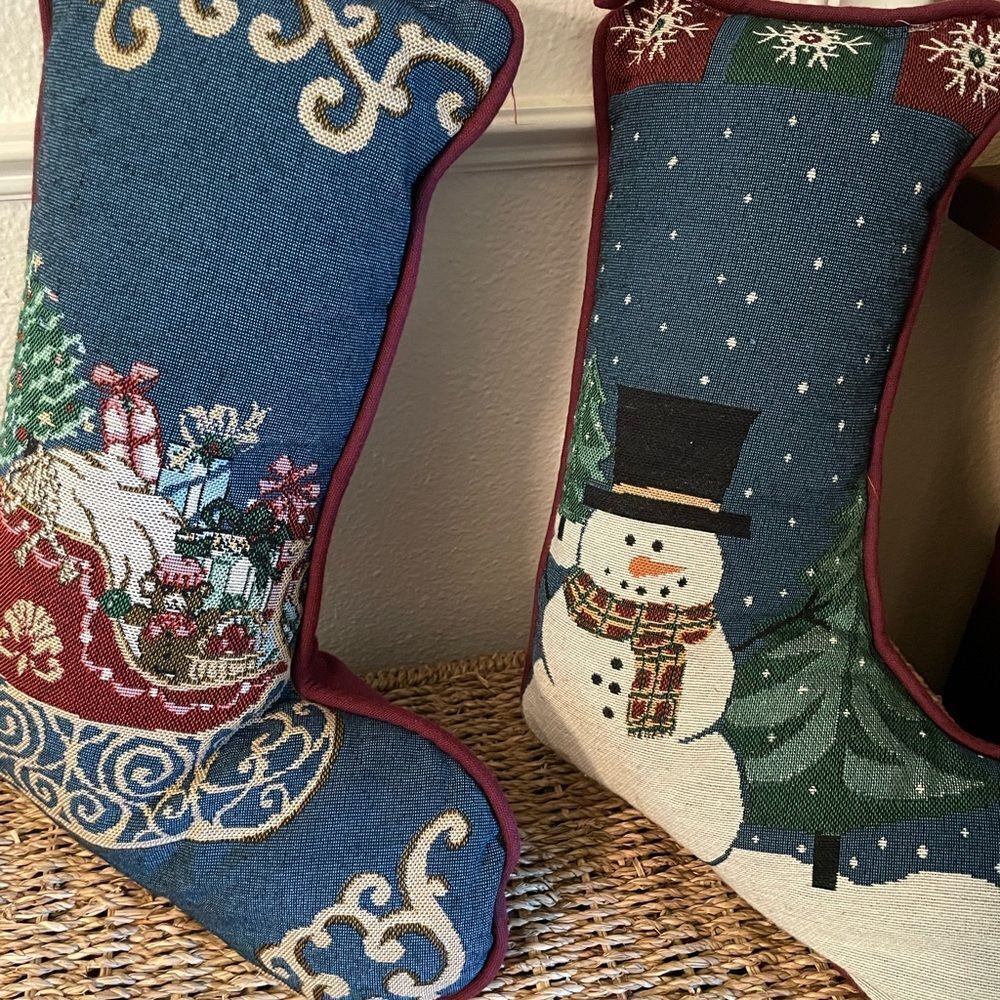 Vintage Tapestry Stocking Pillows Snowman Themed set of 2!